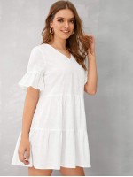 V-neck Layered Ruffle Hem Babydoll Dress