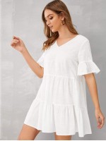 V-neck Layered Ruffle Hem Babydoll Dress