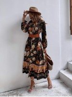 Allover Floral Notched Neck Button Up Dress Without Belt