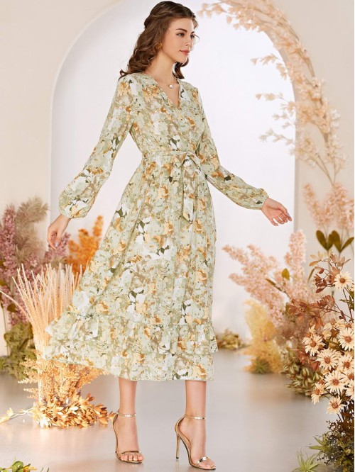 Allover Floral Print Wrap Tiered A-line Dress