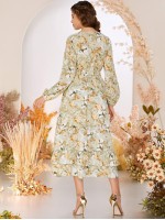 Allover Floral Print Wrap Tiered A-line Dress