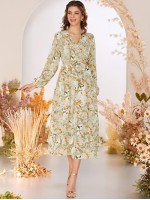 Allover Floral Print Wrap Tiered A-line Dress