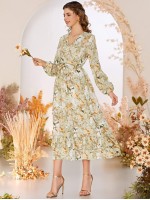 Allover Floral Print Wrap Tiered A-line Dress