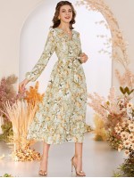 Allover Floral Print Wrap Tiered A-line Dress