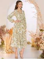 Allover Floral Print Wrap Tiered A-line Dress