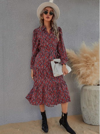 All Over Floral Print Button Front Belted Shirt Dress