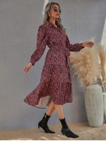 All Over Floral Print Button Front Belted Shirt Dress