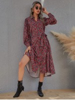 All Over Floral Print Button Front Belted Shirt Dress