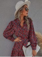 All Over Floral Print Button Front Belted Shirt Dress