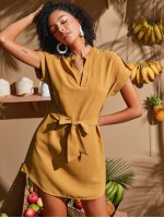 V-neck Rolled Cuff Dip Hem Belted Dress