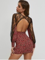 Backless Lace Yoke Ditsy Floral Print Dress