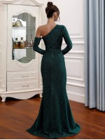 Asymmetrical Neck Cut-out Split Thigh Glitter Prom Dress