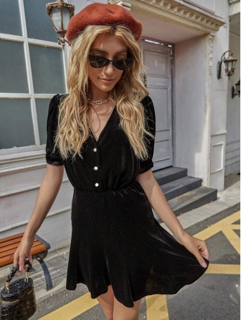 Velvet Puff Sleeve Half Button Swing Dress