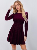 Zipper Back Rib-knit Velvet Dress