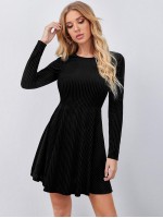 Zipper Back Rib-knit Velvet Dress