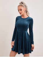 Zipper Back Rib-knit Velvet Dress