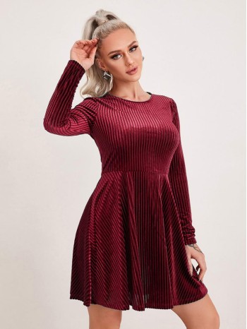 Zipper Back Rib-knit Velvet Dress