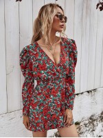 Allover Floral Surplice Neck Fitted Dress