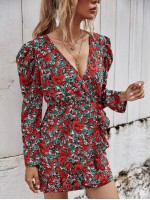 Allover Floral Surplice Neck Fitted Dress