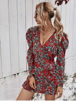 Allover Floral Surplice Neck Fitted Dress