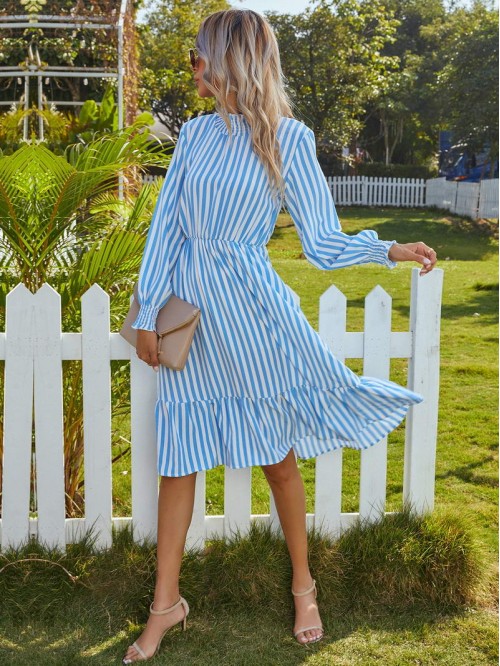 Vertical Striped Shirred Collar Ruffle Hem Dress