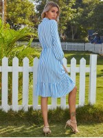 Vertical Striped Shirred Collar Ruffle Hem Dress