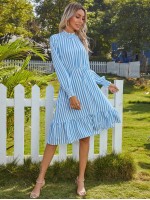 Vertical Striped Shirred Collar Ruffle Hem Dress