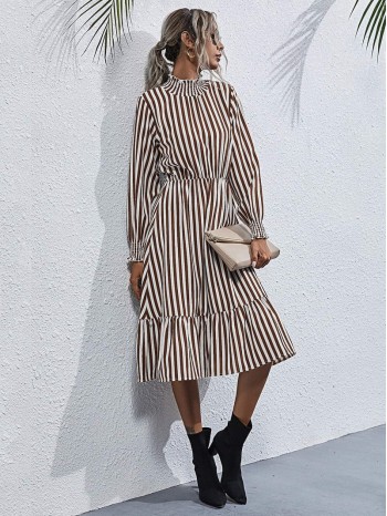 Vertical Striped Shirred Collar Ruffle Hem Dress