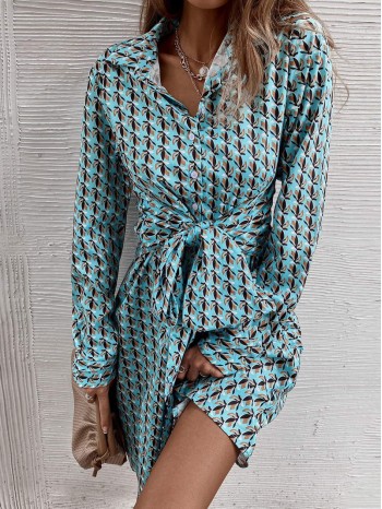 All Over Print Self Tie Button Front Shirt Dress