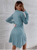 All Over Print Self Tie Button Front Shirt Dress