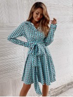 All Over Print Self Tie Button Front Shirt Dress