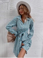 All Over Print Self Tie Button Front Shirt Dress