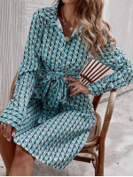 All Over Print Self Tie Button Front Shirt Dress