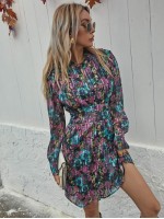 Allover Floral Plicated Covered Button A-line Dress