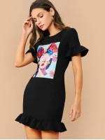 Woman Graphic Ruffled Mini Dress