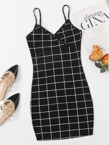 Wrap Detail Grid Cami Bodycon Dress