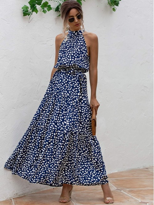 All Over Print Belted Halter Dress