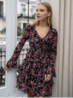 Bell Sleeve Layered Ruffle Hem Floral Dress