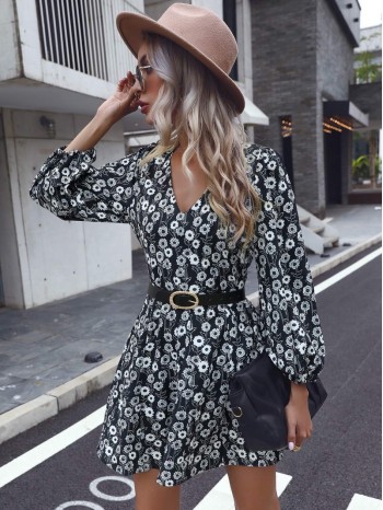 All Over Floral Print Tie Back A-line Dress Without Belt