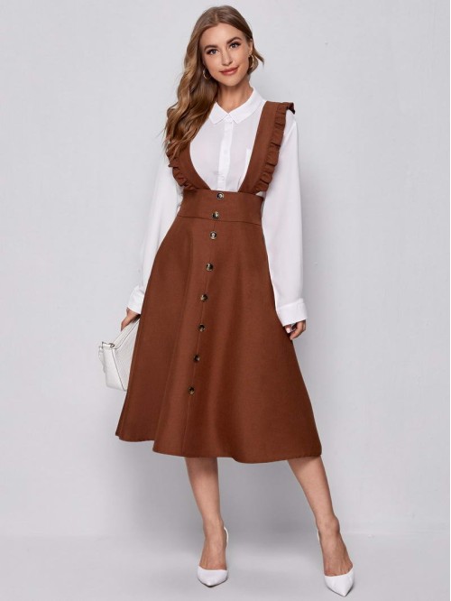 Wide Waistband Button Front Ruffle Suspender Dress