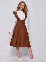 Wide Waistband Button Front Ruffle Suspender Dress