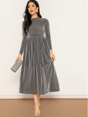 Zip Back Mock-neck Glitter Flare Dress