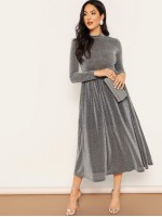 Zip Back Mock-neck Glitter Flare Dress