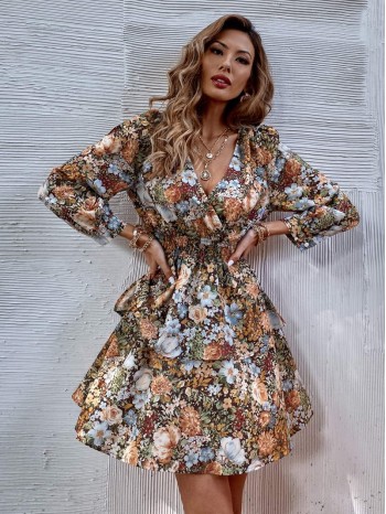 All Over Floral Print Surplice Neck Layered Hem Dress