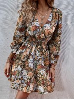 All Over Floral Print Surplice Neck Layered Hem Dress