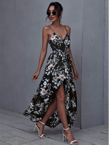 Wrap Belted Floral Print Cami Dress