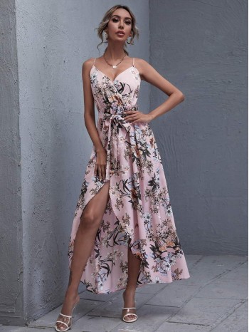 Wrap Belted Floral Print Cami Dress