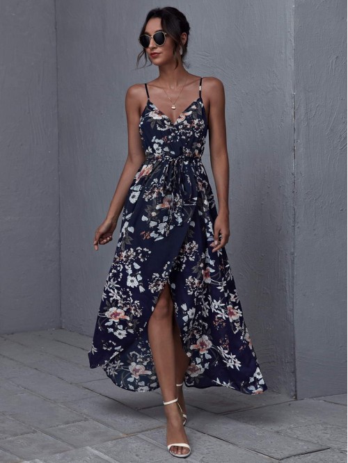 Wrap Belted Floral Print Cami Dress