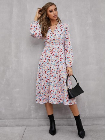 Allover Floral Print V-Neck Dress