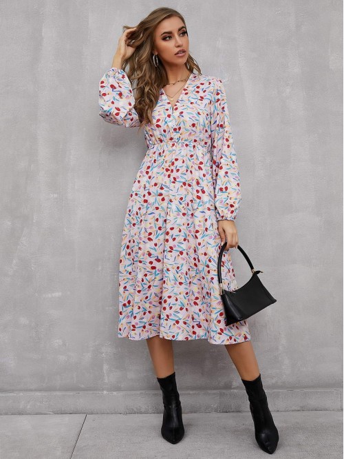 Allover Floral Print V-Neck Dress